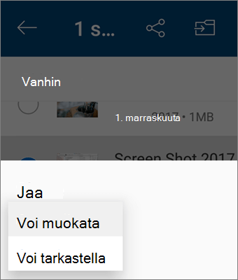 Näyttökuva käyttöoikeuksien muuttamisesta jaettaessa Androidin OneDrive-sovelluksessa