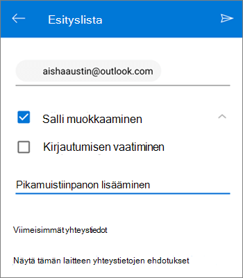 Näyttökuva henkilöiden kutsumisesta jakamaan tiedosto OneDrive for Androidista