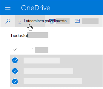 Näyttökuva OneDrive-tiedostojen valitsemisesta ja lataamisesta.