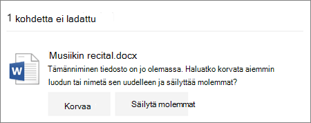 Tiedostonimi on jo olemassa -virhe OneDrive-verkkokäyttöliittymässä