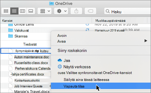 Näyttökuva OneDrive-Files Tarvittaessa-vaihtoehdoista Macin Finderissa