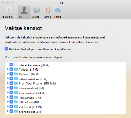 Macin OneDrive-sovellus Asetukset-ikkunan Valitse kansiot -valintaikkuna