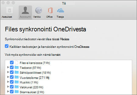 Kansioiden synkronointi -valintaikkuna Macin OneDrive-sovelluksessa