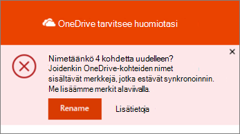Näyttökuva OneDrive-työpöytäsynkronointisovelluksen Nimeä uudelleen -ilmoituksesta