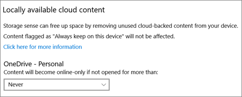 Windows 10 tallennustilan avattavasta valikosta, milloin OneDrive-tiedostot voi tehdä vain online -tilassa