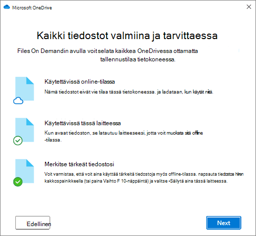 Tiedostot tarvittaessa -näyttö ohjatussa Tervetuloa OneDriveen -toiminnossa