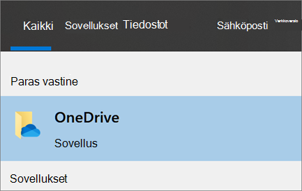 Näyttökuva OneDrive-työpöytäsovelluksen etsimisestä Windows 10:ssä