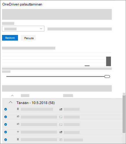 Näyttökuva toimintojen valitsemisesta toimintakaaviosta ja toimintasyötteestä OneDrive-tiedostojen palauttaminen -kohdasta.