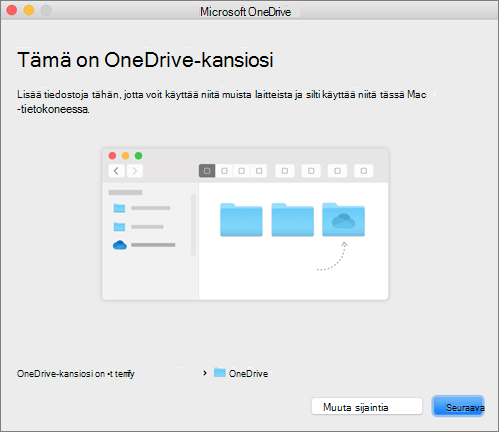 Näyttökuva ohjatun Tervetuloa OneDriveen -toiminnon Tämä on oma OneDrive-kansiosi -sivusta Mac-tietokoneessa