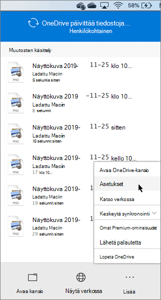 Näyttökuva henkilökohtaisten OneDrive-asetusten määrittämisestä