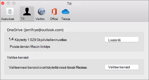 Näyttökuva tilin lisäämisestä OneDrive-asetuksissa Mac-tietokoneessa