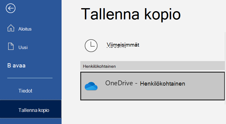 Sijaintien luettelo Word-asiakirjan Tallenna kopio -sivulla.