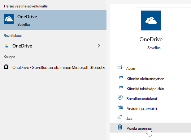 OneDrive-kaupan sovelluksen asennuksen poistaminen