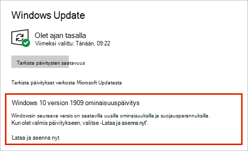 Windows Update, jossa näkyy ominaisuuksien päivityssijainti