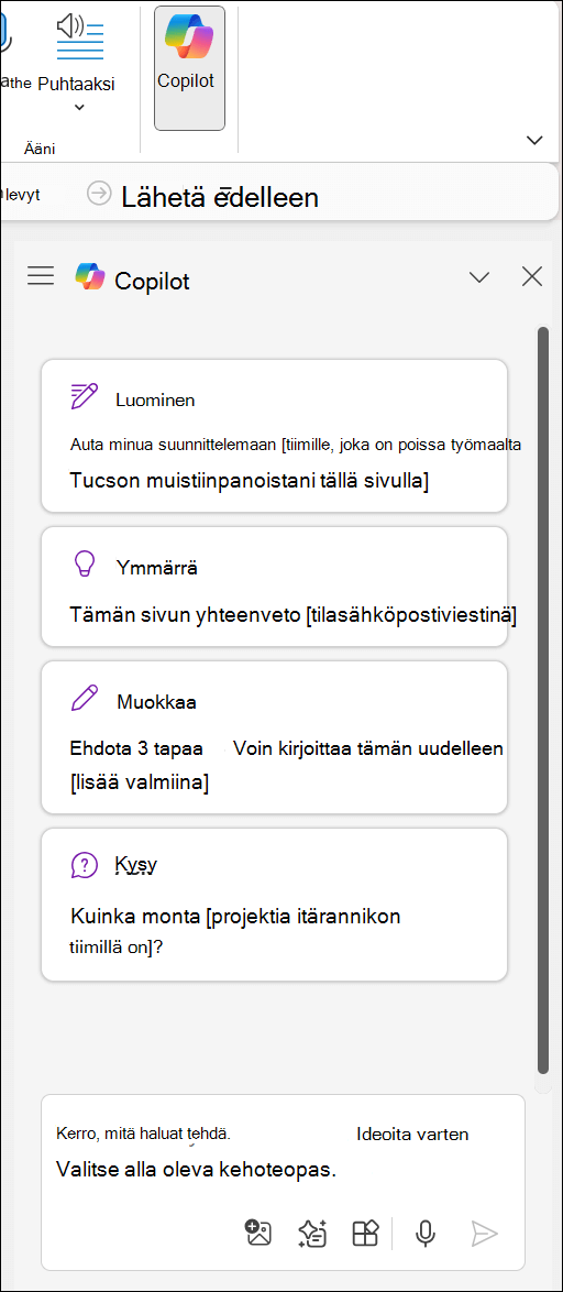 Copilot-ruutu OneNotessa sivun oikeassa reunassa.
