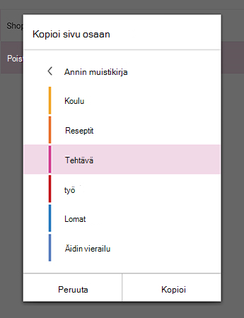 Kopioi sivu osaan -valikko OneNote for Android