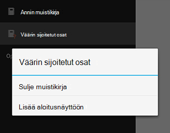 OneNote for Android Sulje muistikirja -komento
