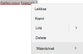 Valittu ranskankielinen teksti, jossa näkyy pikavalikko kielen määrittämisestä.