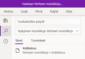 Lauseen etsiminen OneNote for Windows 10:ssä