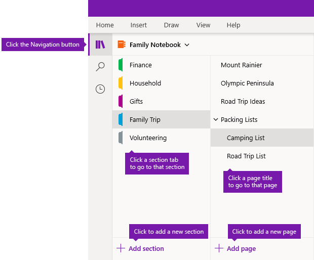 Osat ja sivut OneNote for Windows 10:ssä