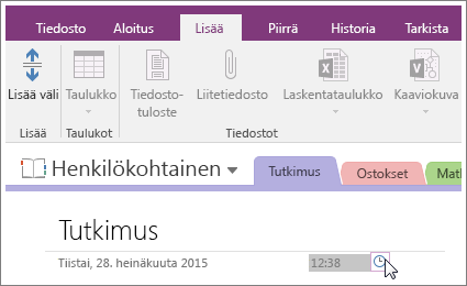 Sivun aikaleiman muuttaminen OneNote 2016:ssa