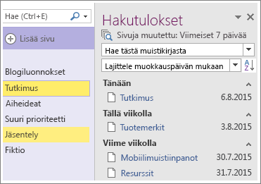 Näyttökuva päivämääräalueen hakutuloksista OneNote 2016:ssa