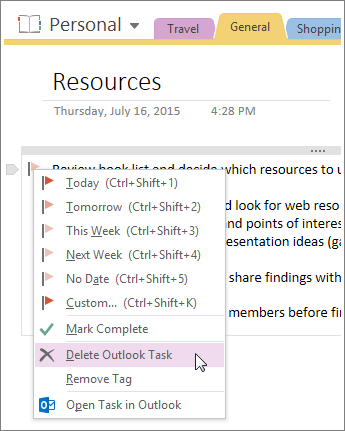 Näyttökuva Outlook-tehtävän poistamisesta OneNote 2016:ssa.