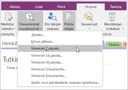 Näyttökuva OneNote 2016:n Viimeisimmät muokkaukset -painikkeesta