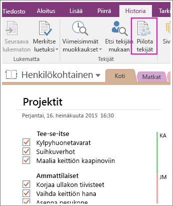 Näyttökuva OneNote 2016:n Piilota tekijät -painikkeesta