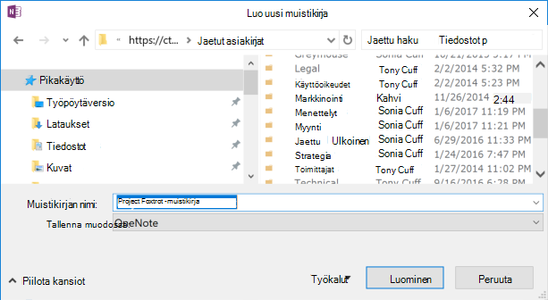 OneNote for Windows 2016 Luo uusi muistikirja -valintaikkuna