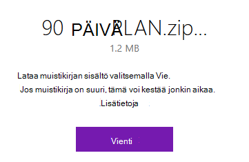 OneNoten ponnahdusikkuna, jossa on Vie-painike.