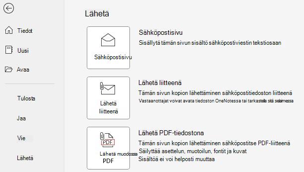 Näyttökuva Lähetä liitteenä- ja Lähetä PDF-muodossa -painikkeista.
