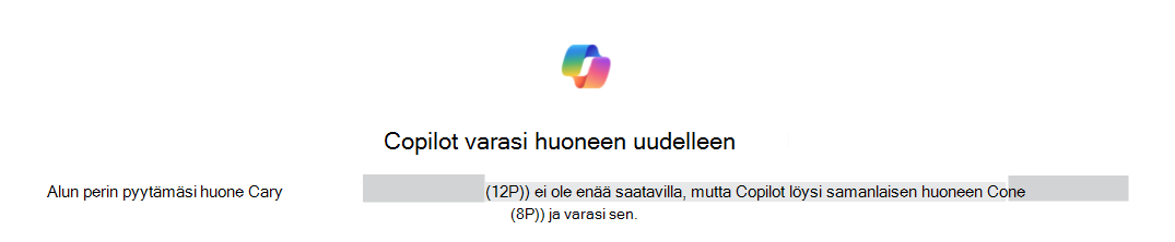 Esimerkki Copilotista, joka varasi huoneen uudelleen vahvistamista varten, joka yksilöi alkuperäiset ja korvaavat tilat.