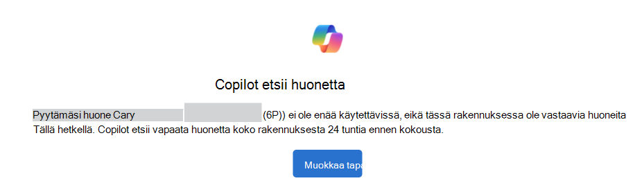 Esimerkki Copilotista on huoneen ilmoituksen hakeminen Muokkaa tapahtumaa -painikkeella.