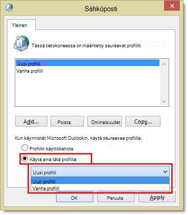 Sähköposti-valintaikkuna, jossa Käytä aina tätä profiilia -vaihtoehto on valittuna ja Uusi profiili valittuna.