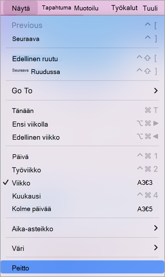 Avattava Näytä-valikko, jossa Kerrostus on valittuna