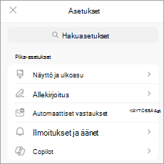 Näyttää asetukset mobiililaitteessa, ja Copilot näkyy Pika-asetukset-kohdassa.