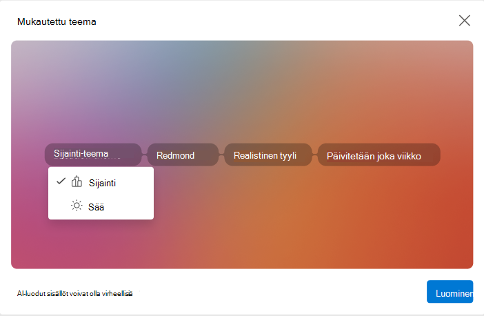 Näyttö, jossa näkyy avattava valikko, jota käytetään mukautetun teeman määritteiden määrittämiseen uudessa Outlook for Windowsissa