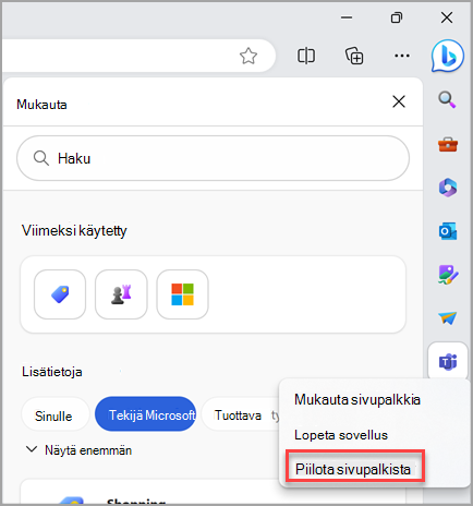 Kuvakkeen piilottaminen Microsoft Edgen sivupalkissa.