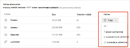 Outlook.com tallennustilan asetukset.