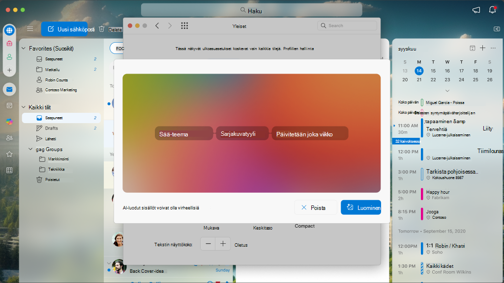 Näyttö, jossa näkyvät mukautetun teeman määritteet Outlook for Mac