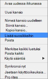 Lisää suosikkeihin -vaihtoehto pikavalikossa