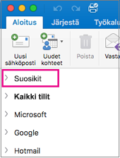 Suosikit-kansio on sivupalkissa kansioluettelon yläpäässä