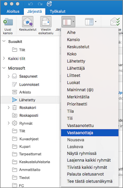Lajittele sähköposti eri tavoin valitsemalla Järjestä > lajittelujärjestys > ja valitsemalla vaihtoehtojen luettelosta