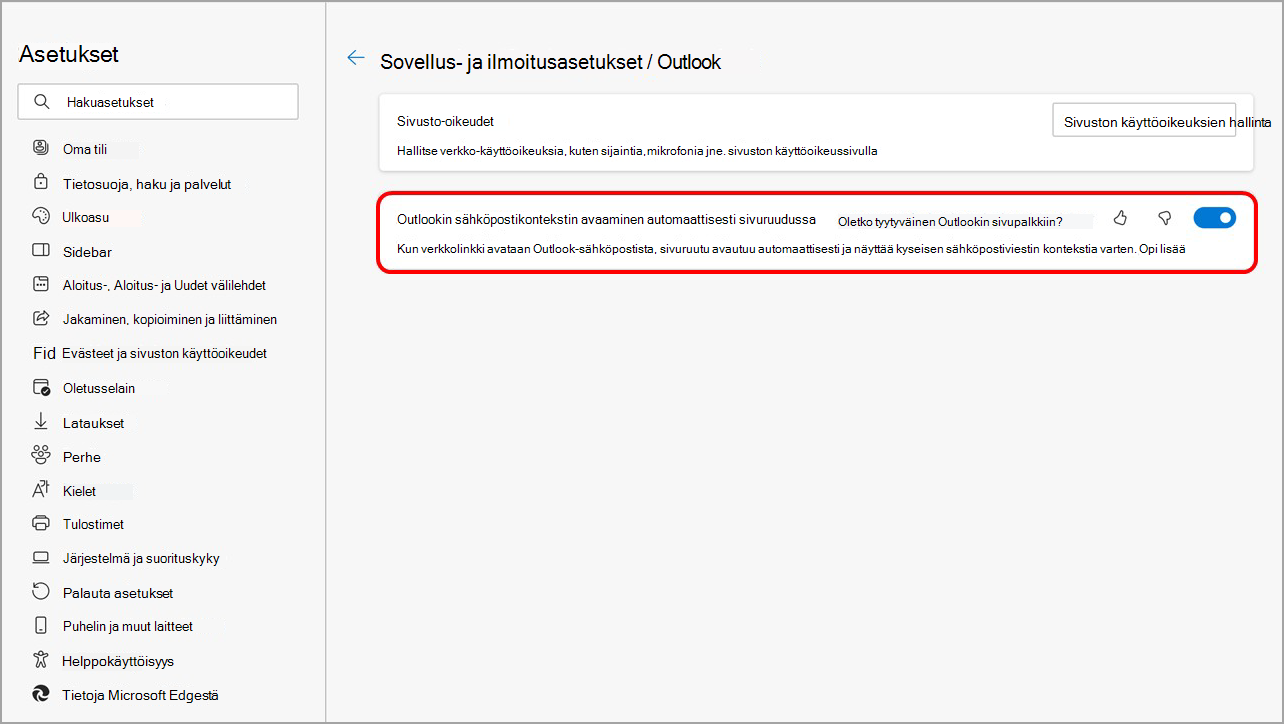Poista Outlook-sisällön avaaminen käytöstä Microsoft Edgen sivupalkin asetuksissa.