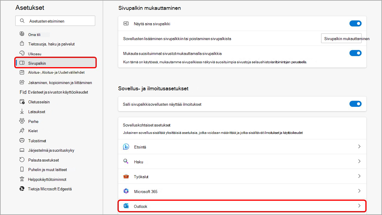 Mukauta Microsoft Edgen sivupalkkia sivupalkin asetussivulla.
