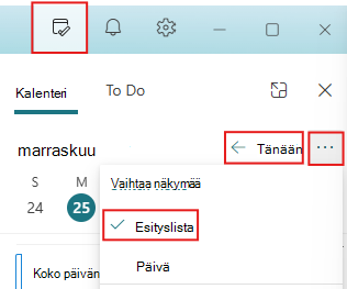 Määritä Päivän tehtävät -ruudun arvoksi Tänään ja Tapahtumanäkymä