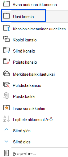Näyttökuva uuden kansion valinnasta perinteisen Outlookin siirtymisruudussa.