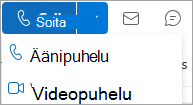 Näyttökuva Outlookin yhteystietokortin avattavasta Puhelu-valikosta