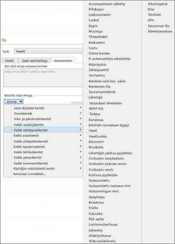 Tarkennetun haun kenttien valikko